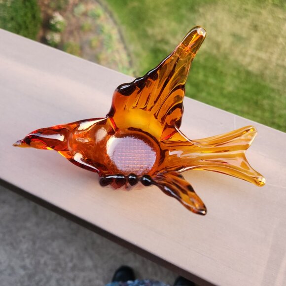 Amber Glass Bird in Flight Votive Holder 8 in wide 4 in high Tea Light Holder - Picture 3 of 9